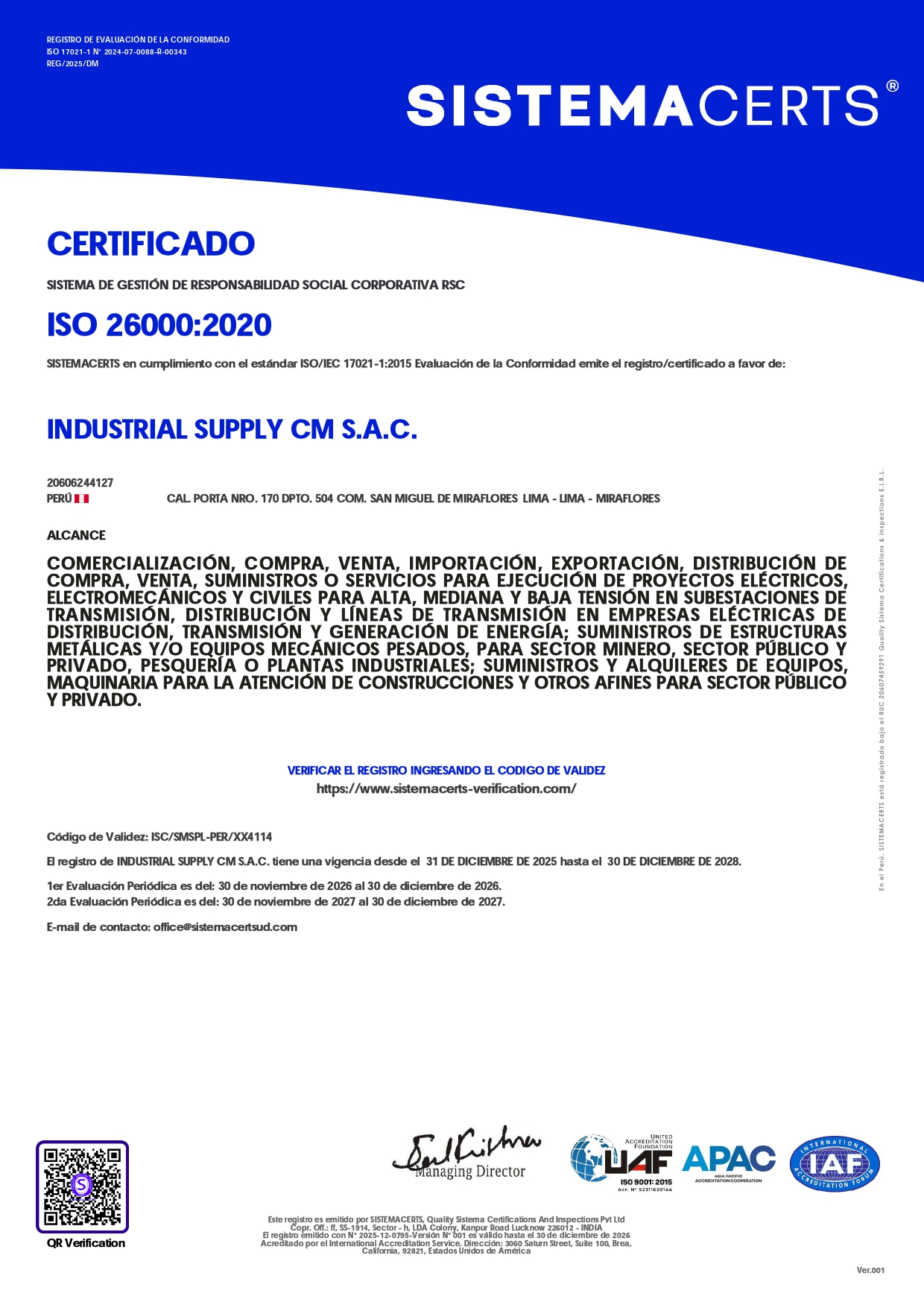 REG-2025-12-0795 INDUSTRIAL SUPPLY ISO 9001, ISO 14001, ISO 26000, ISO 37001